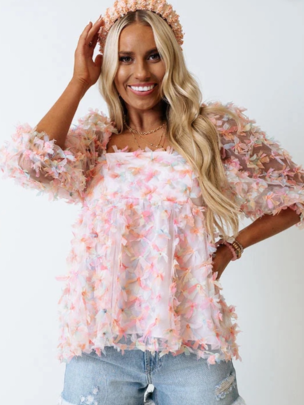 Storia Sheer Pastel 3D Floral Mesh Puff Sleeve Fairy Babydoll Top Small